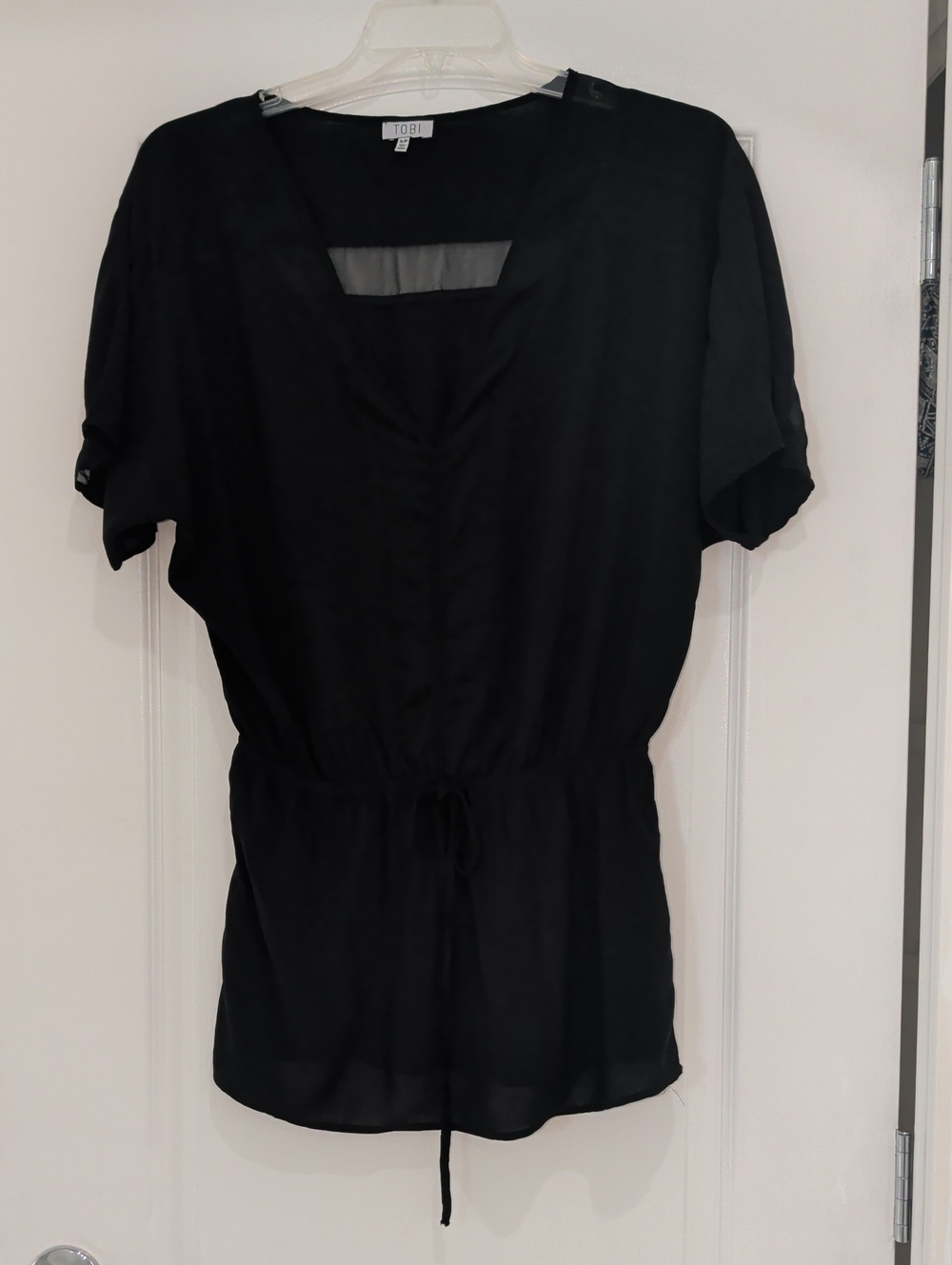 TOBI Solid Black Loose Flowy Short Dolman Sleeve Blouse Sheer Inset S V-Neck